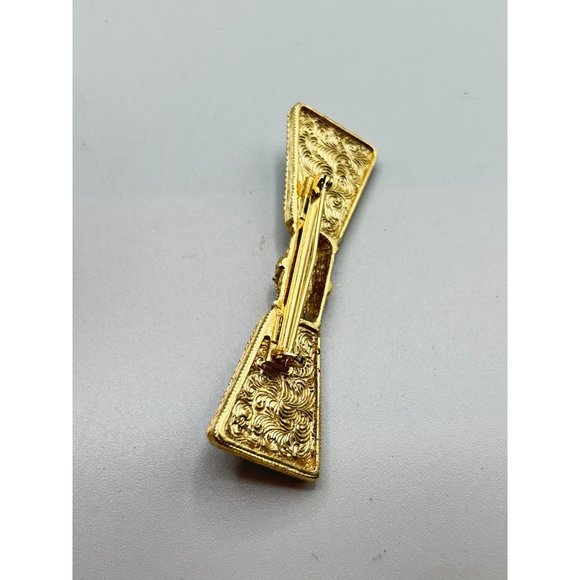 Vintage 1928 Brand Pin Brooch Victorian Black Black Bow Bar Pin Gold Tone Metal - Picture 4 of 5